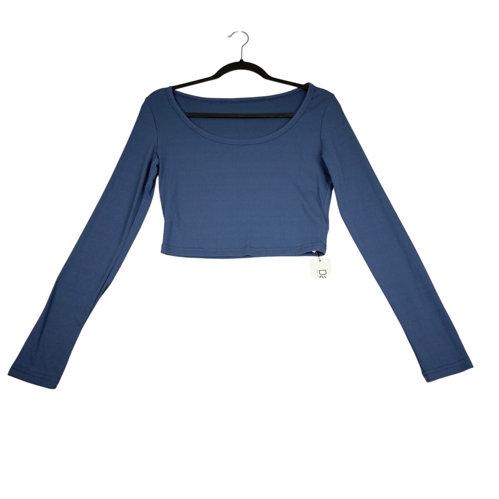 Dazy Crop Top Shirt‎ Women's Blue Size L Ribbed Knit Long Sleeve Casual New